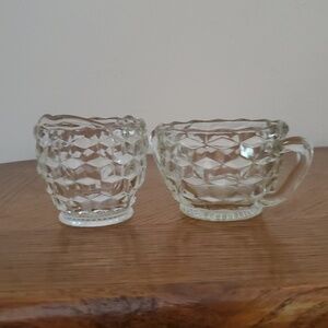 Vintage Jeannette Glass Cube Clear Creamer & Sugar Bowl Set Depression Glass
